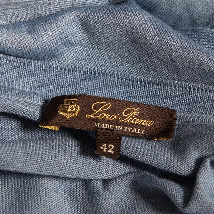 Pre Owned Loro Piana Blue and White Knit Long Sleeve Crew Neck Top M