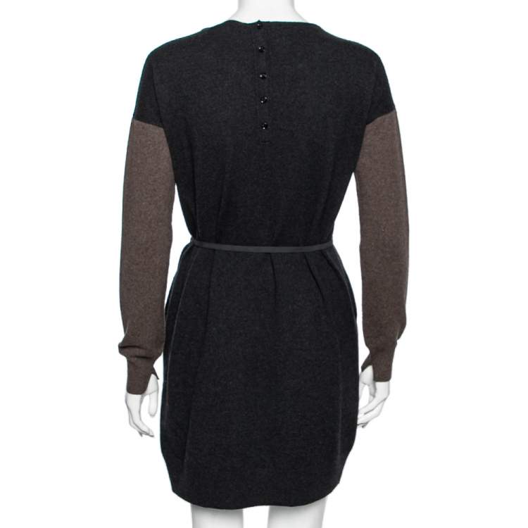 Pre Owned Loro Piana Dark Grey Two Toned Cashmere & Suede Trimmed Belted Dress M