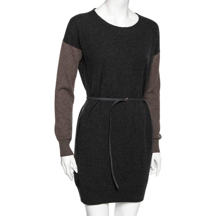 Pre Owned Loro Piana Dark Grey Two Toned Cashmere & Suede Trimmed Belted Dress M