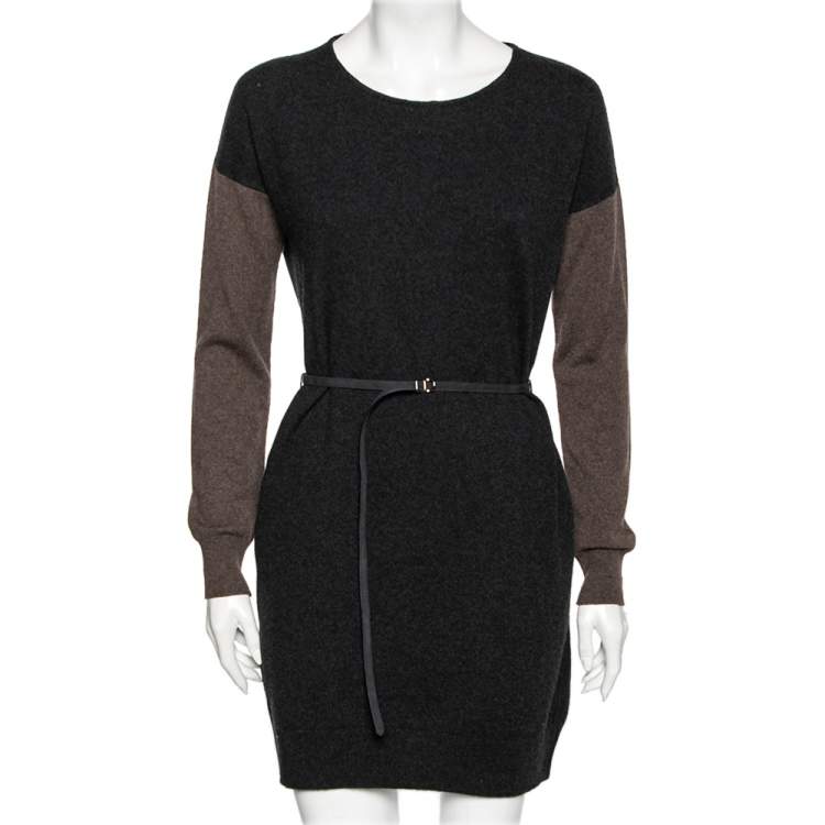 Pre Owned Loro Piana Dark Grey Two Toned Cashmere & Suede Trimmed Belted Dress M