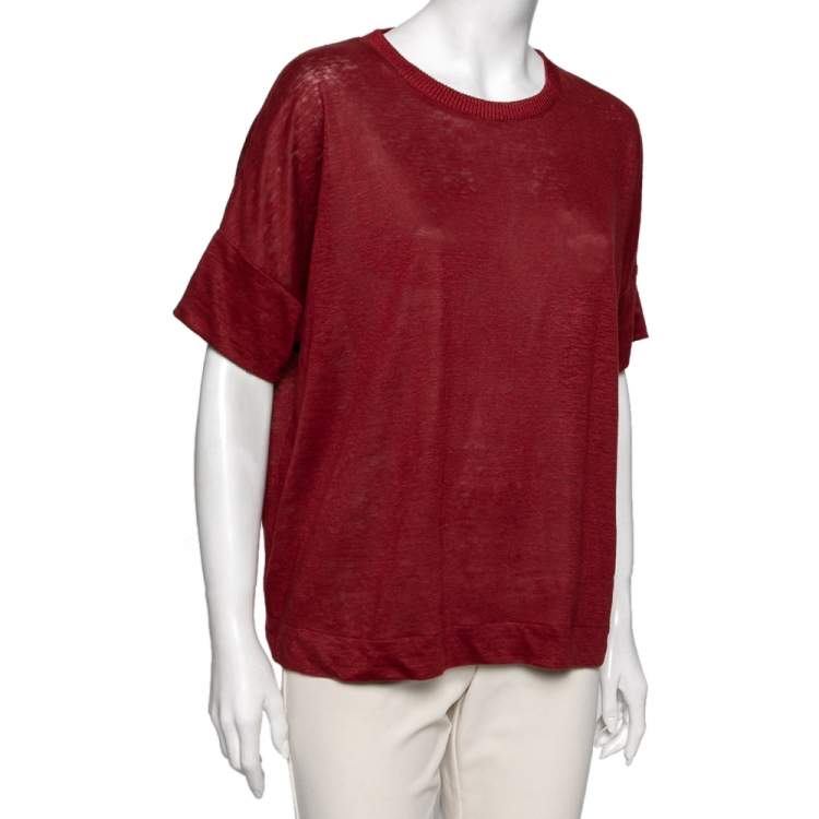Pre Owned Loro Piana Red Linen & Silk Short Sleeve Jumper L