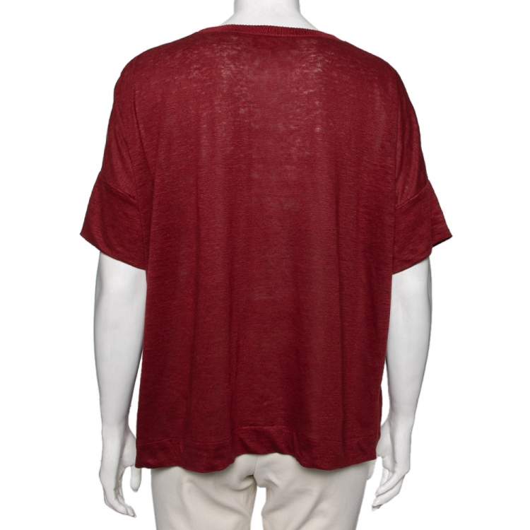 Pre Owned Loro Piana Red Linen & Silk Short Sleeve Jumper L