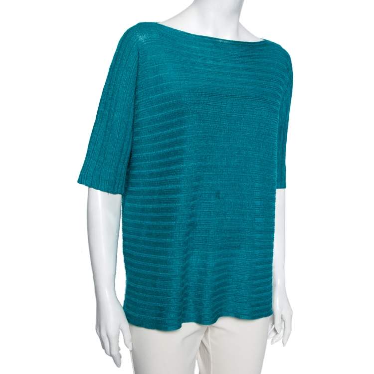 Pre Owned Loro Piana Blue Patterned Linen & Silk Knit Short Sleeve Top M 