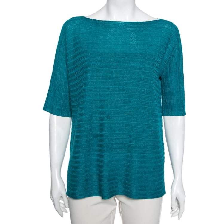 Pre Owned Loro Piana Blue Patterned Linen & Silk Knit Short Sleeve Top M 