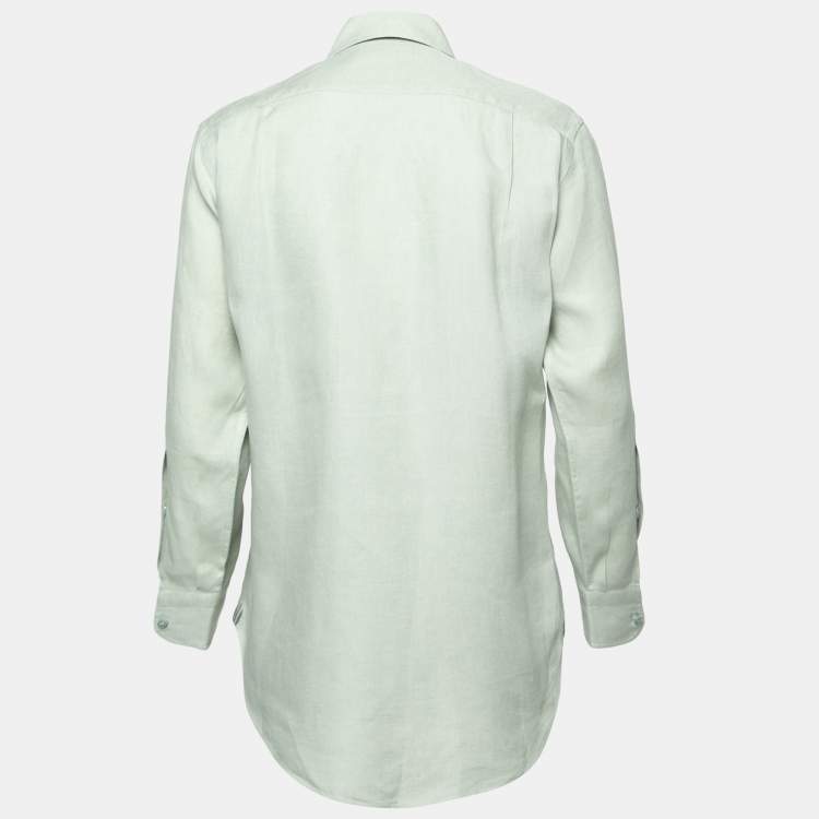 Pre Owned Loro Piana Light Green Linen Pocket Detail Button Front Shirt S