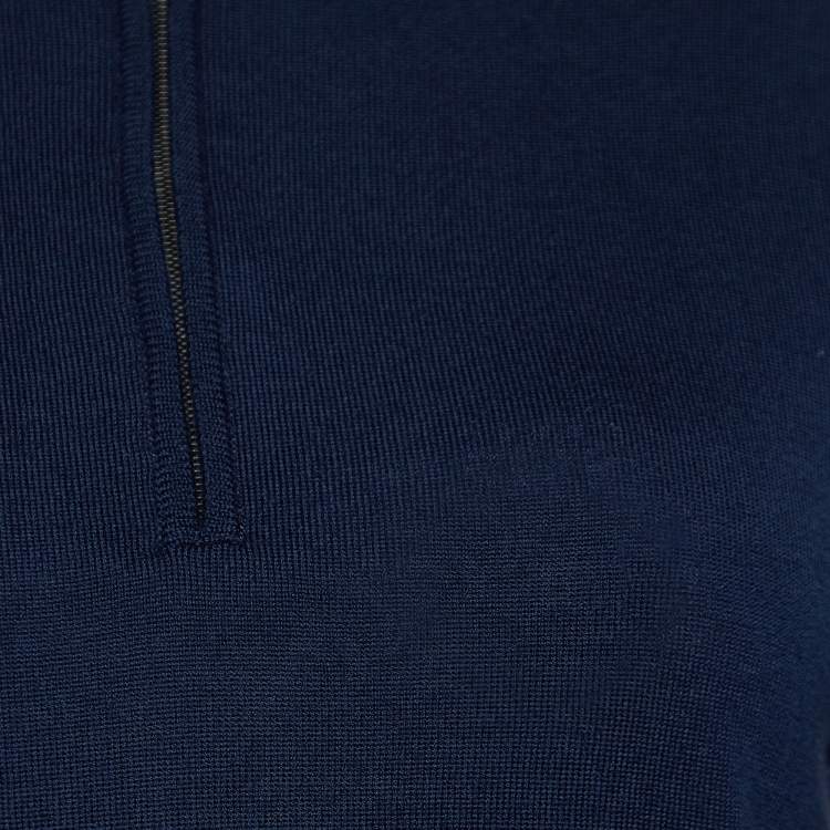 Pre Owned Loro Piana Navy Blue Striped Wool Knit Zip Up Polo Sweater M