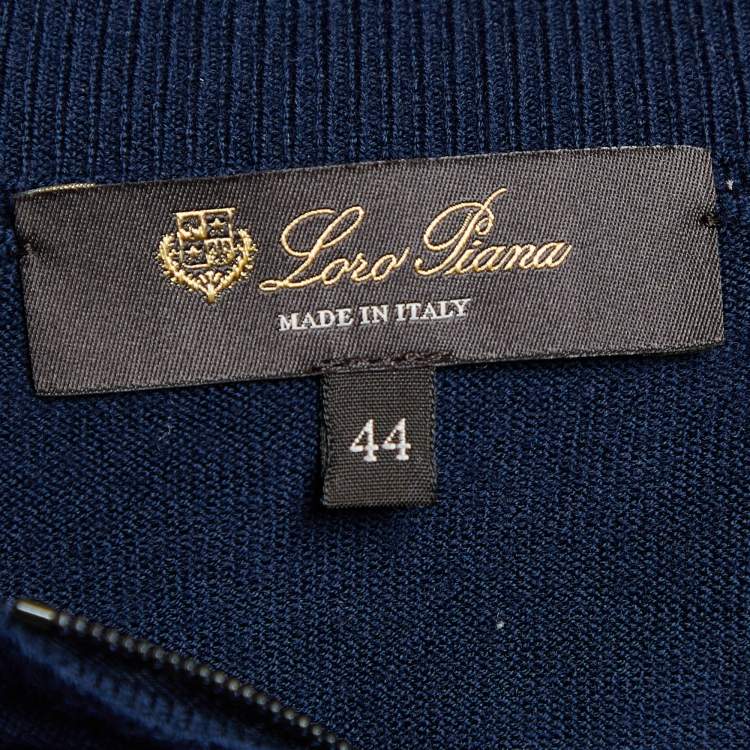 Pre Owned Loro Piana Navy Blue Striped Wool Knit Zip Up Polo Sweater M