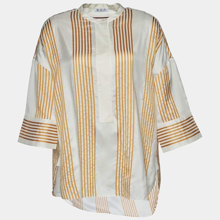 Pre Owned Loro Piana White Striped Silk Half Button Shirt L