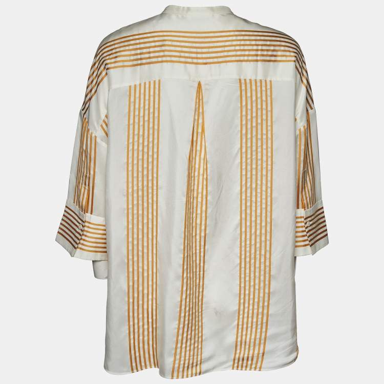 Pre Owned Loro Piana White Striped Silk Half Button Shirt L