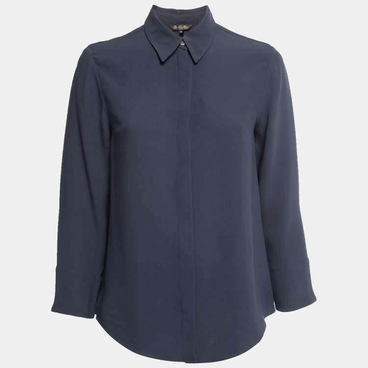 Pre Owned Loro Piana Slate Blue Silk Concealed Button Shirt M