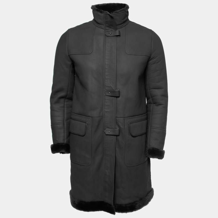 Pre Owned Loro Piana Black Lambskin & Shearling Mid-Length Coat M