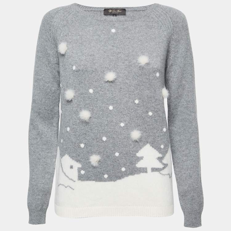 Pre Owned Loro Piana Grey Cashmere Mink Pom-Pom Embellished Sweater S