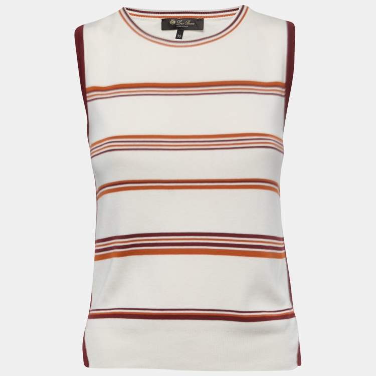 Pre Owned Loro Piana White Striped Patterned Knit Sleeveless Top S