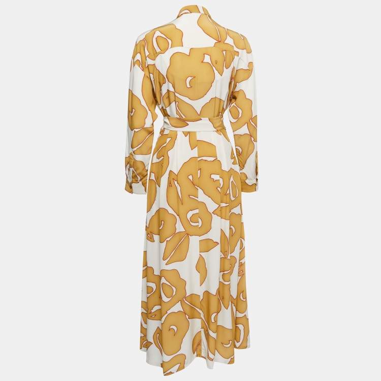 Pre Owned Loro Piana Yellow Printed Silk Belted Maxi Dress S