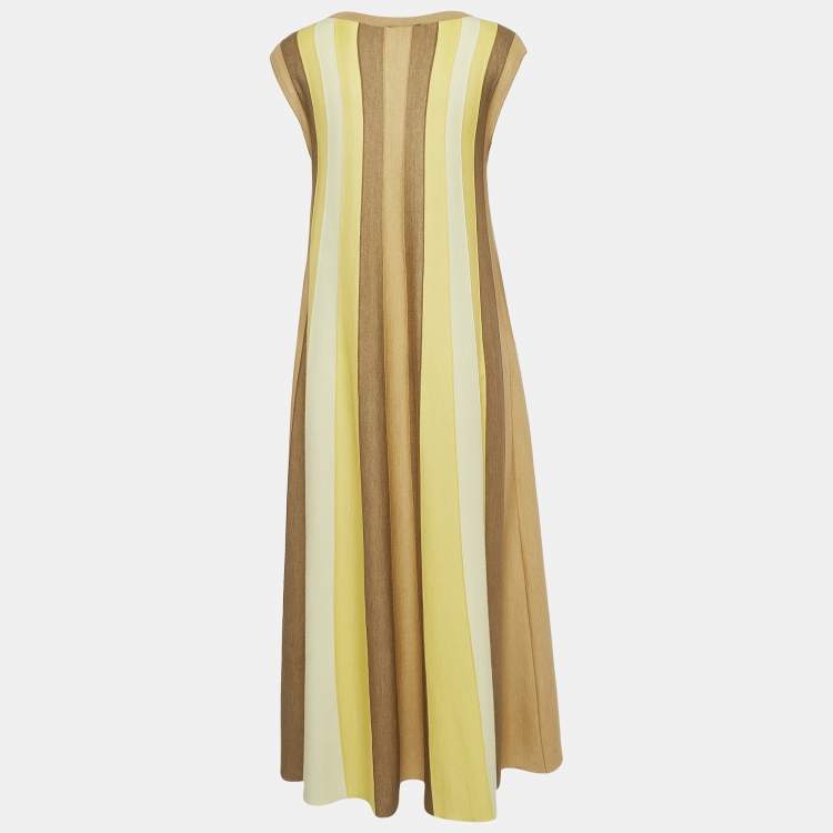 Pre Owned Loro Piana Yellow Stripe Cashmere Knit Sleeveless Flared Maxi Dress S