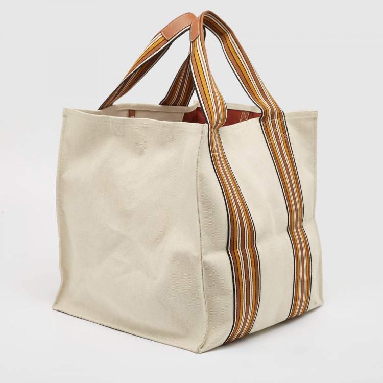 Pre Owned Loro Piana Natural/Multicolor Canvas The Suitcase Striped Tote