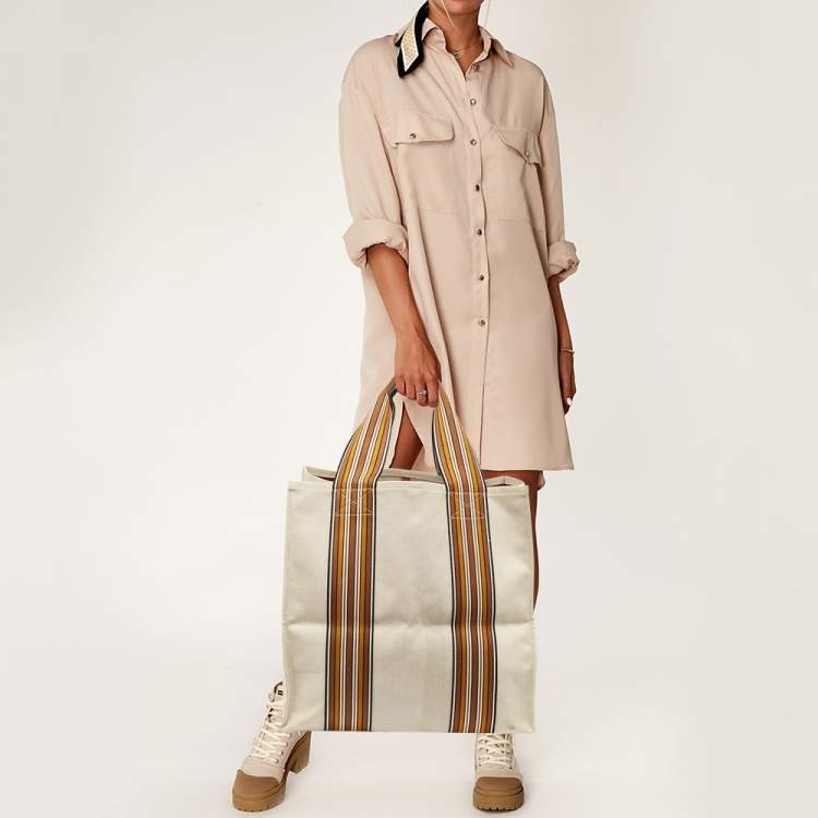 Pre Owned Loro Piana Natural/Multicolor Canvas The Suitcase Striped Tote