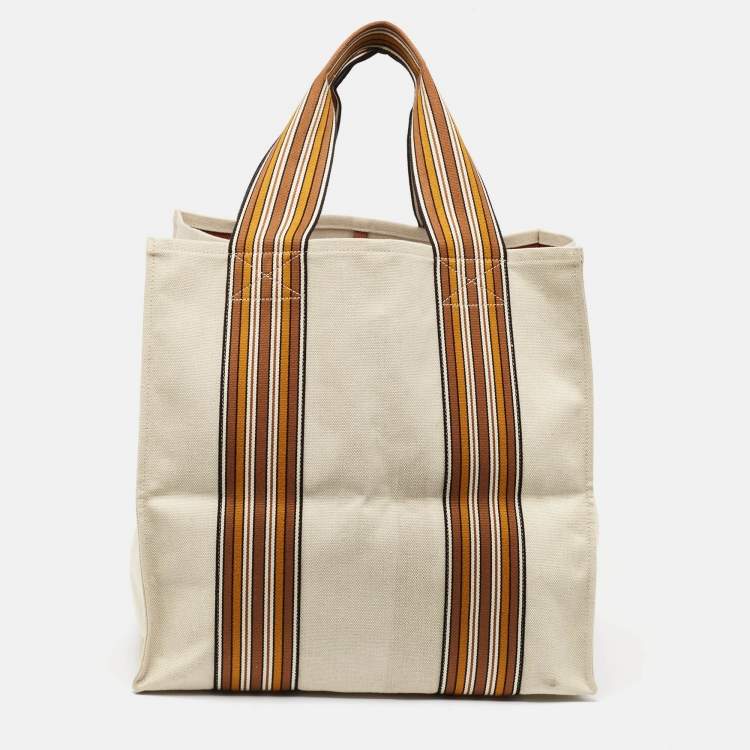 Pre Owned Loro Piana Natural/Multicolor Canvas The Suitcase Striped Tote