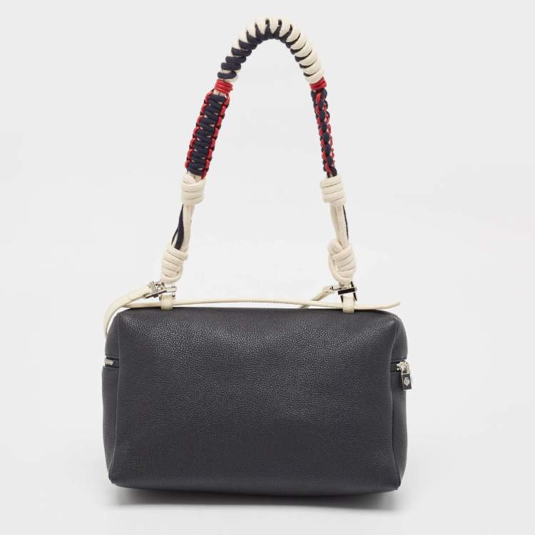 Pre Owned Loro Piana Blue Marine/White Leather Braided Extra Pocket L27 Pouch Bag