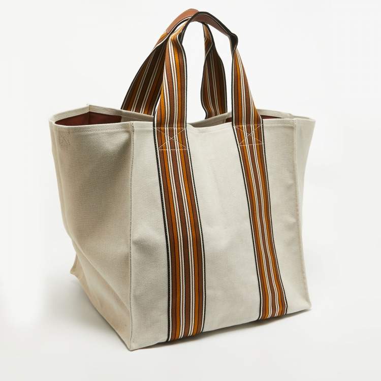 Pre Owned Loro Piana Beige/Brown Canvas Medium Cube The Suitcase Stripe Tote