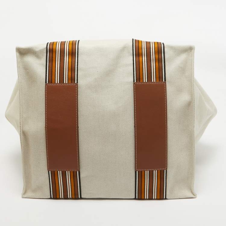 Pre Owned Loro Piana Beige/Brown Canvas Medium Cube The Suitcase Stripe Tote