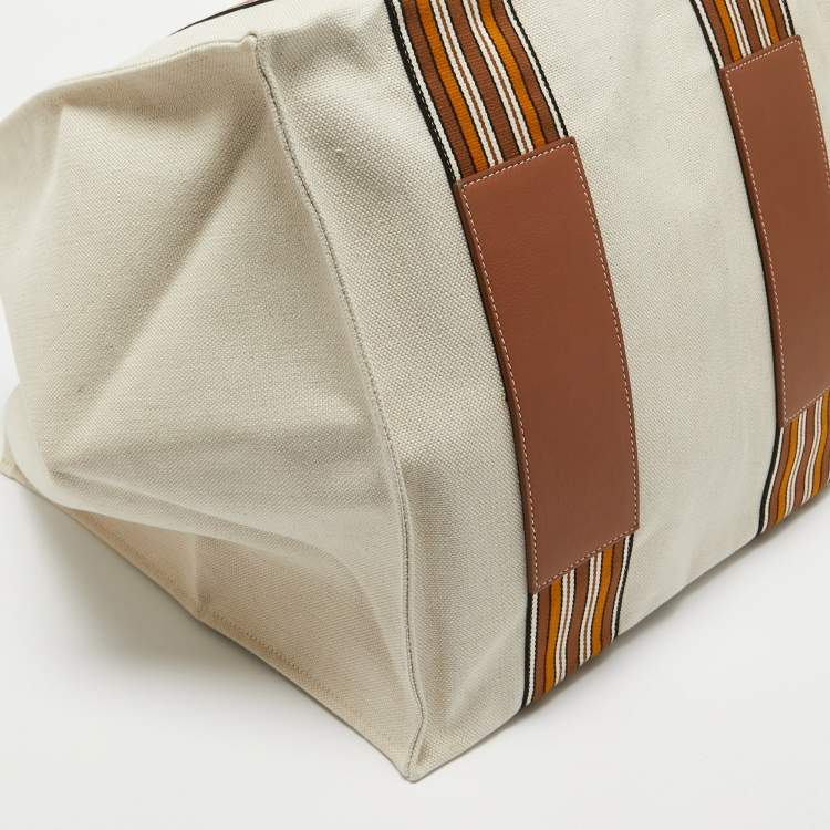 Pre Owned Loro Piana Beige/Brown Canvas Medium Cube The Suitcase Stripe Tote