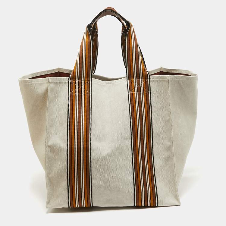 Pre Owned Loro Piana Beige/Brown Canvas Medium Cube The Suitcase Stripe Tote