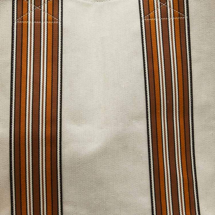 Pre Owned Loro Piana Beige/Brown Canvas Medium Cube The Suitcase Stripe Tote