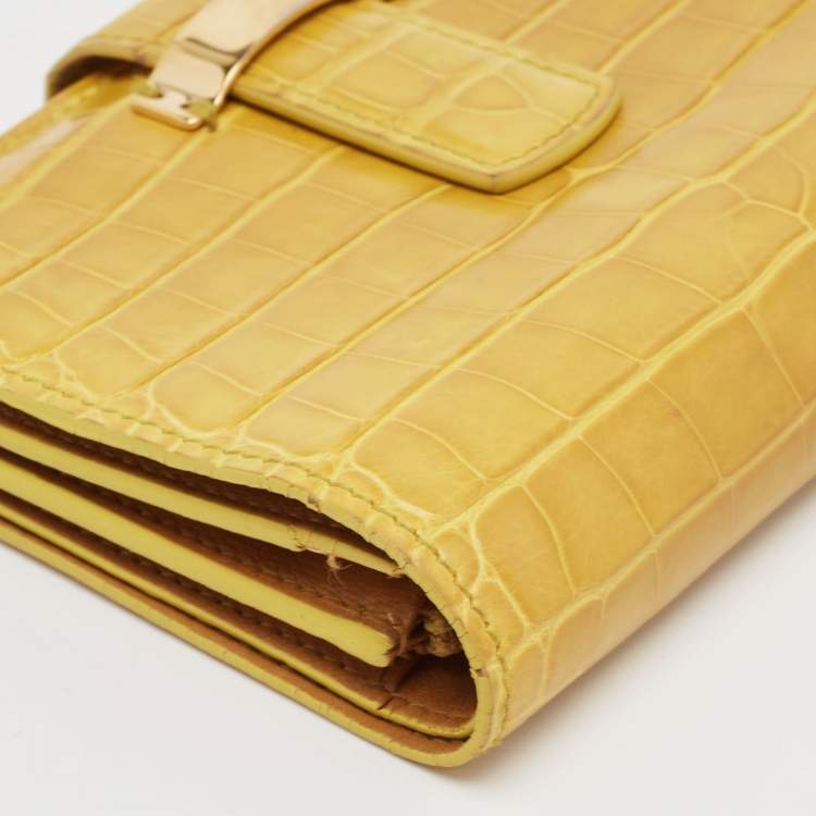 Pre Owned Loro Piana Yellow Crocodile Compact Wallet