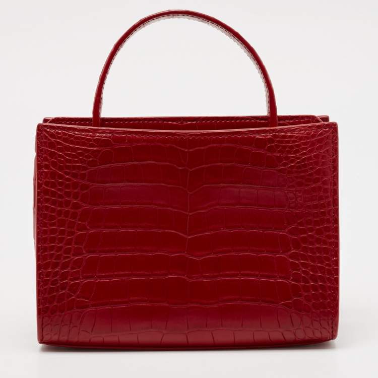 Pre Owned Loro Piana Red Croc Embossed Leather Cluisee Top Handle Bag