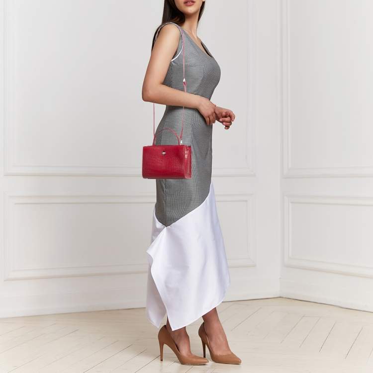 Pre Owned Loro Piana Red Croc Embossed Leather Cluisee Top Handle Bag