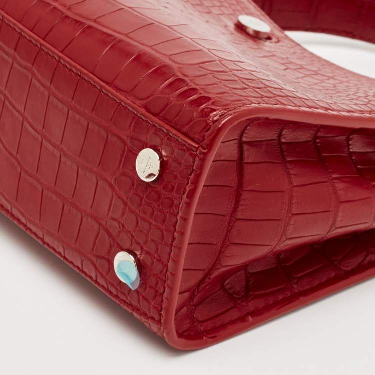 Pre Owned Loro Piana Red Croc Embossed Leather Cluisee Top Handle Bag