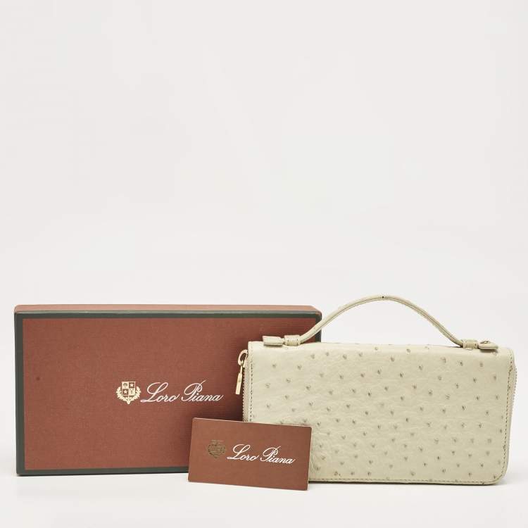 Pre Owned Loro Piana Ivory Ostrich Zip Around Wallet