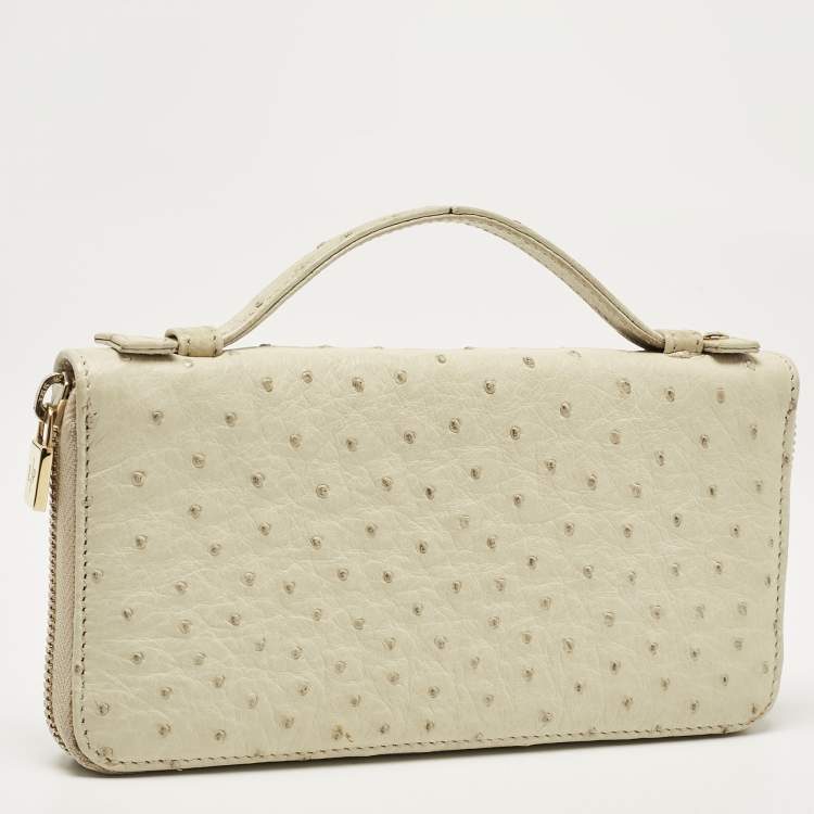Pre Owned Loro Piana Ivory Ostrich Zip Around Wallet