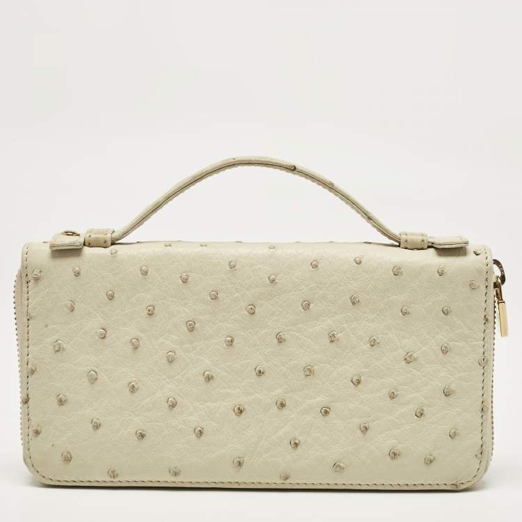 Pre Owned Loro Piana Ivory Ostrich Zip Around Wallet