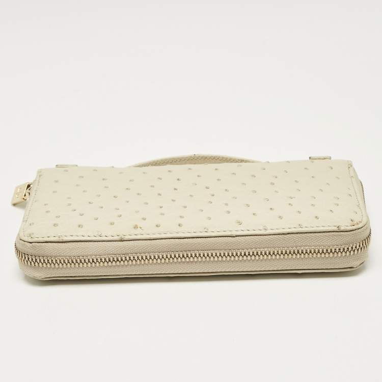 Pre Owned Loro Piana Ivory Ostrich Zip Around Wallet