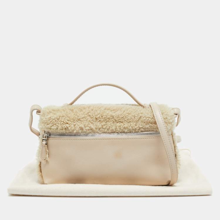 Pre Owned Loro Piana Ivory Leather and Shearling Fur Extra Pocket L19 Pouch