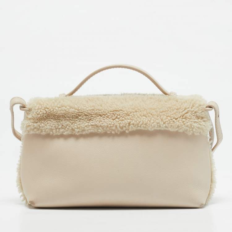 Pre Owned Loro Piana Ivory Leather and Shearling Fur Extra Pocket L19 Pouch