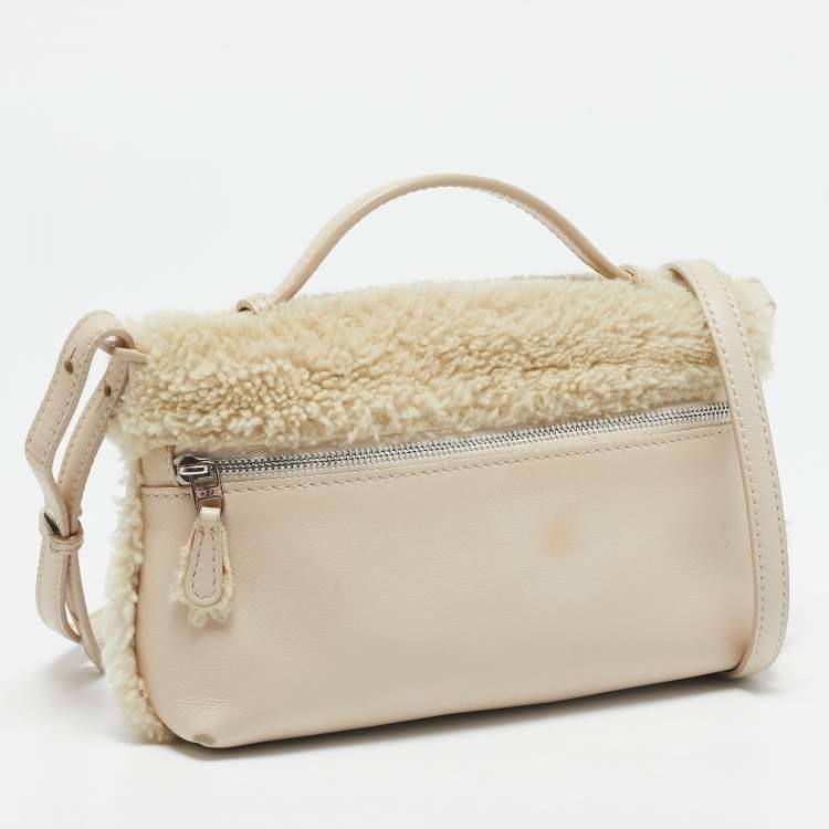 Pre Owned Loro Piana Ivory Leather and Shearling Fur Extra Pocket L19 Pouch