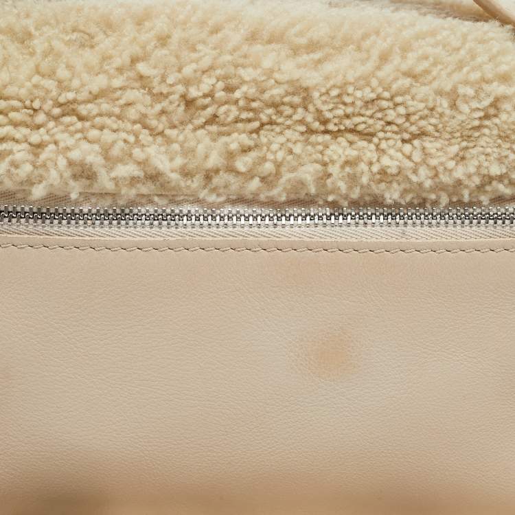 Pre Owned Loro Piana Ivory Leather and Shearling Fur Extra Pocket L19 Pouch