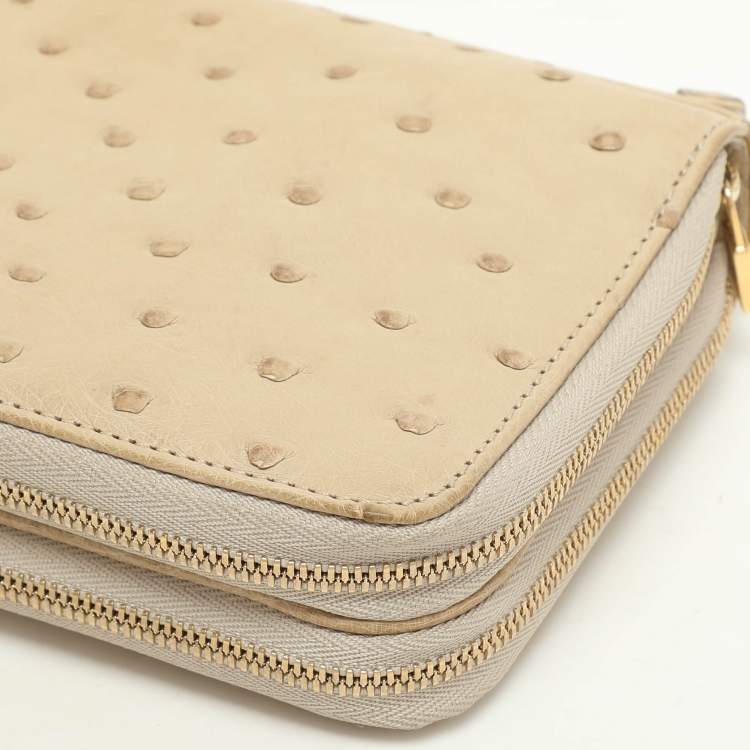 Pre Owned Loro Piana Ivory Ostrich Zip Around Wallet