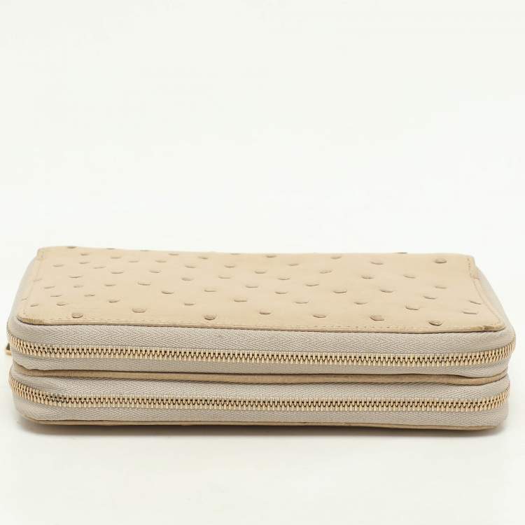 Pre Owned Loro Piana Ivory Ostrich Zip Around Wallet