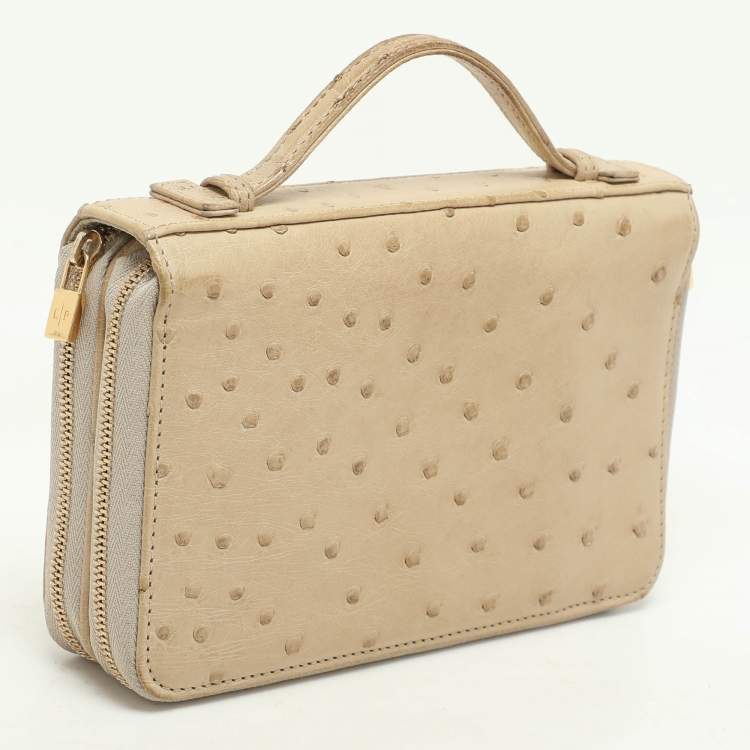 Pre Owned Loro Piana Ivory Ostrich Zip Around Wallet