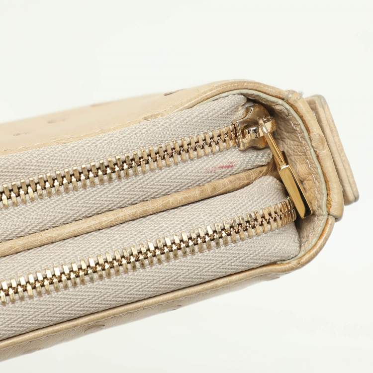 Pre Owned Loro Piana Ivory Ostrich Zip Around Wallet