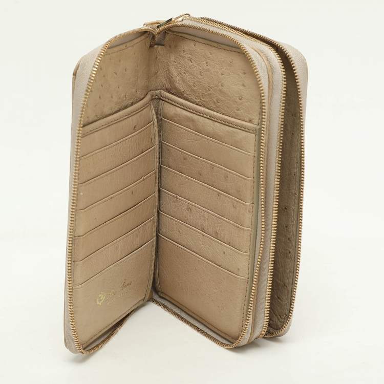 Pre Owned Loro Piana Ivory Ostrich Zip Around Wallet