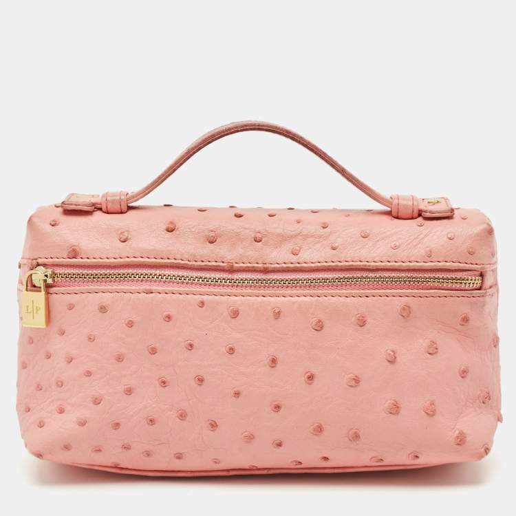 Pre Owned Loro Piana Pink Ostrich Leather Extra Pocket L19 Pouch
