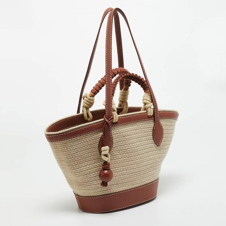 Pre Owned Loro Piana Brown/Cream Leather and Raffia Bucket Bag