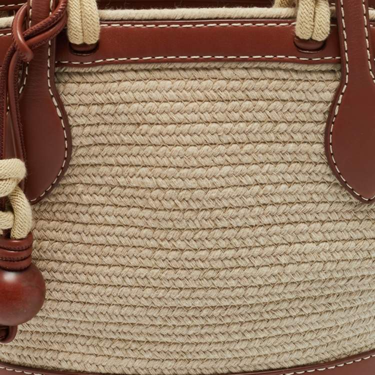 Pre Owned Loro Piana Brown/Cream Leather and Raffia Bucket Bag