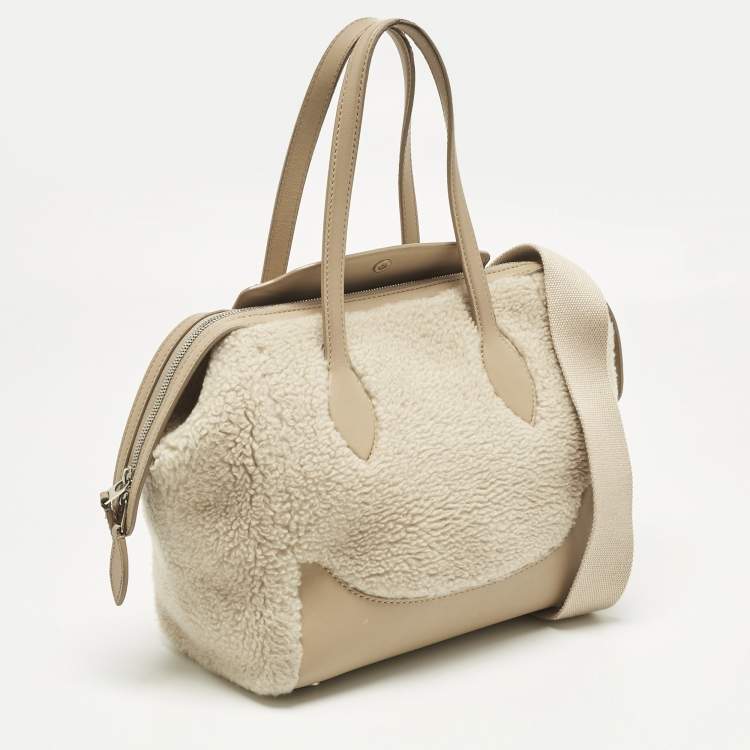 Pre Owned Loro Piana Beige Leather and Shearling Fur Micro Sesia Happy Day Bag