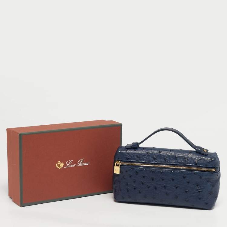 Pre Owned Loro Piana Navy Blue Ostrich L19 Extra Pocket Pouch